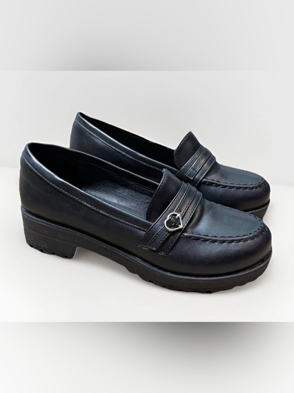 Heart Buckle Chunky Heel Loafers Black Platform Shoes 10 Whimsigoth Coquette Y2K